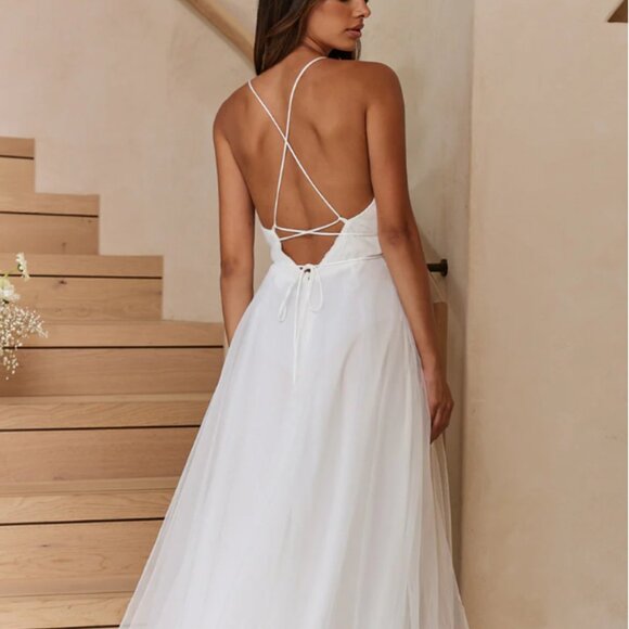 Selfie Leslie Floating By Plunging Neckline Tulle Mesh Overlay Midi Dress White - Picture 3 of 9